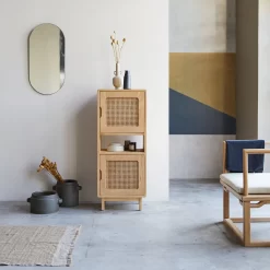 Luis - Bibliothèque Basse En Orme Massif Et Cannage