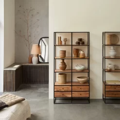 Agra - Bibliothèque En Acacia Massif Et Métal