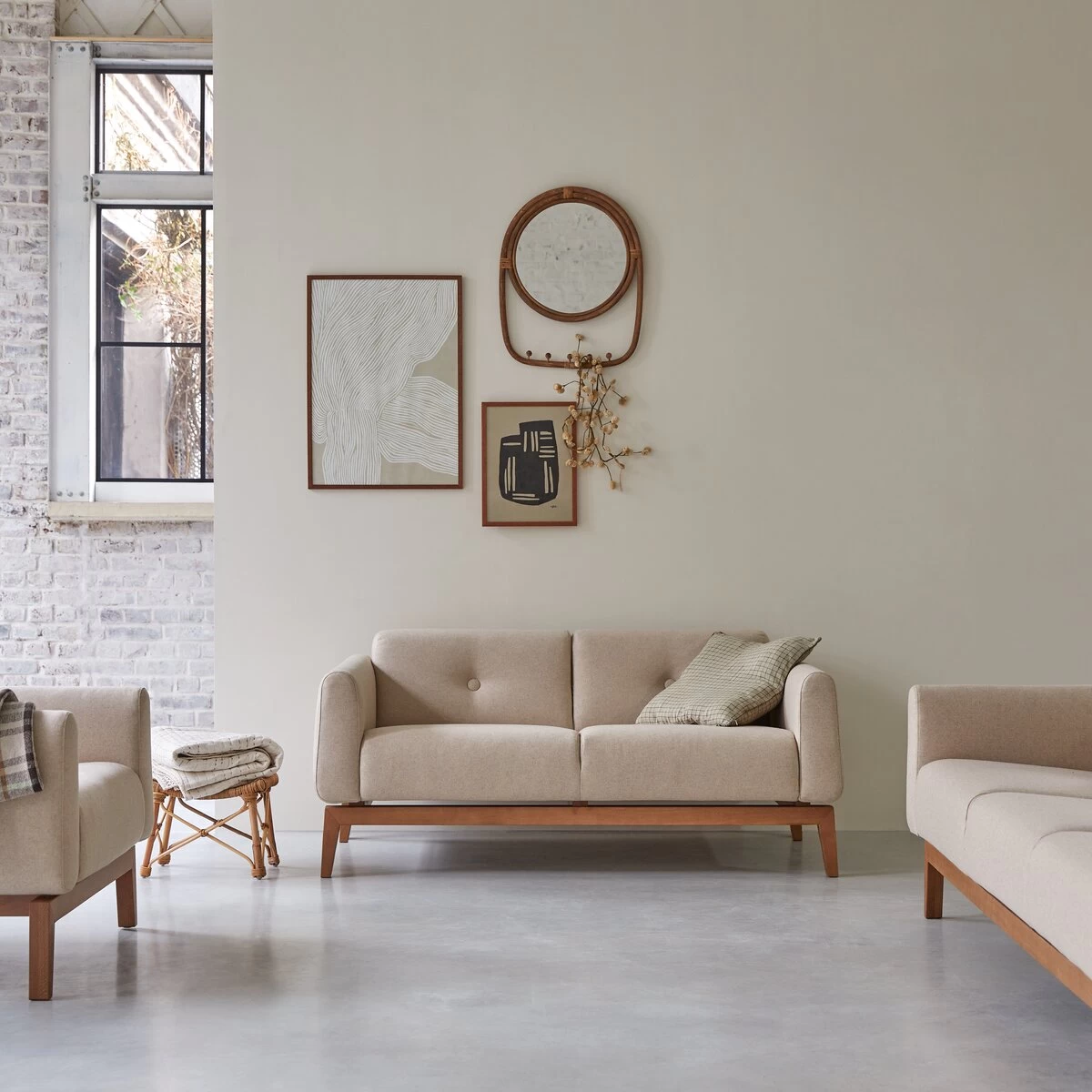 Bjorn - Canapé En Chêne Massif Et Tissu écru 2 Places