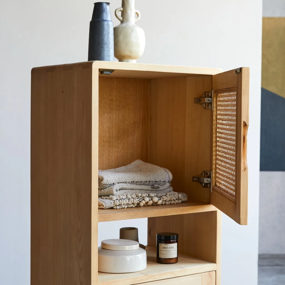 Luis - Colonne Basse En Orme Massif Et Cannage – Image 5