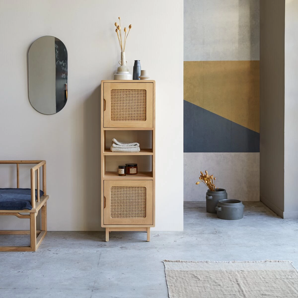 Luis - Colonne Haute En Orme Massif Et Cannage