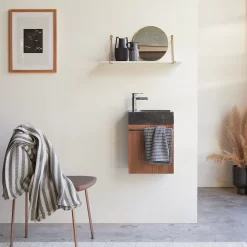 Stelle - Meuble Lave Main En Noyer Massif Et Marbre Black