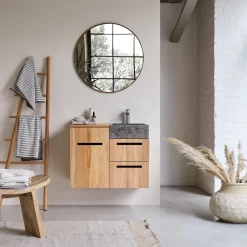 Line - Meuble Salle De Bain En Teck Massif Et Marbre 85 Cm