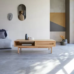 Luis - Table Basse En Orme Massif Et Cannage