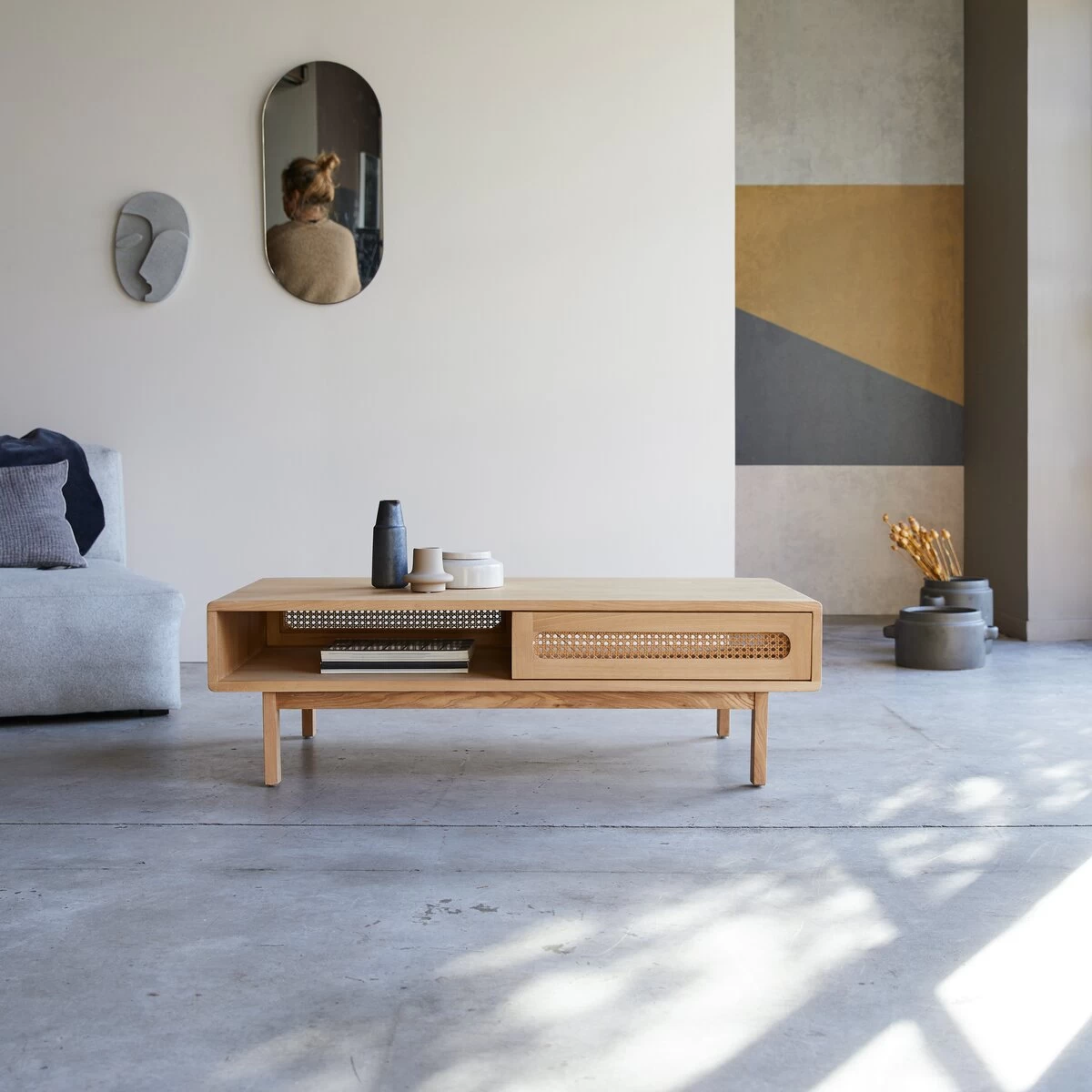 Luis - Table Basse En Orme Massif Et Cannage